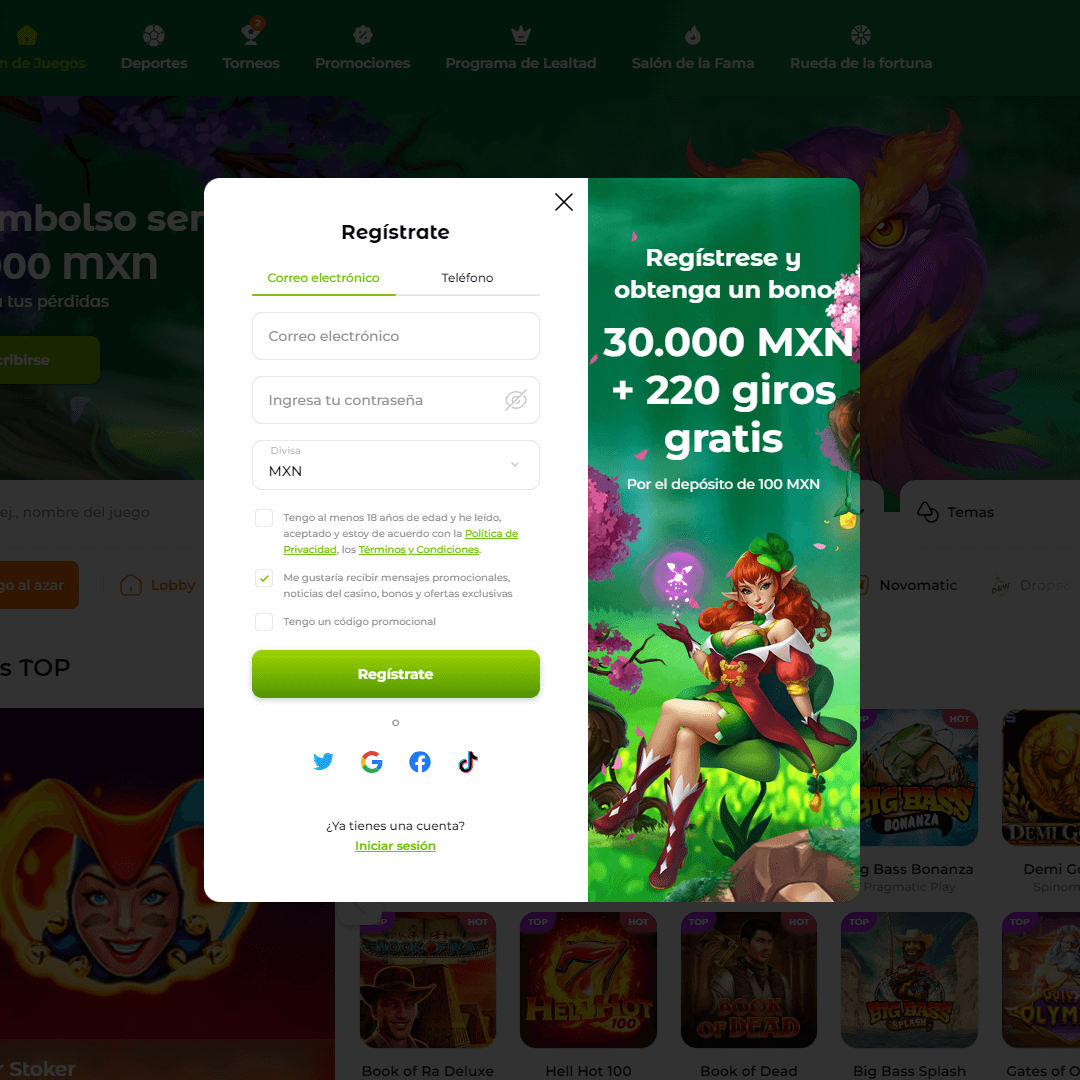 CasinoEnlineaHEX.com Completa el formulario de registro Verde